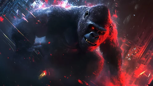 Cybernetic gorilla lunges through neon-lit dystopian cityscape