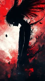 Silhouetted figure with dark plume against red abstract field.