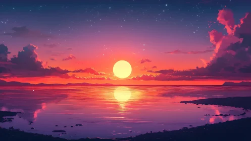 Sunset horizon illuminates tranquil ocean under starry sky