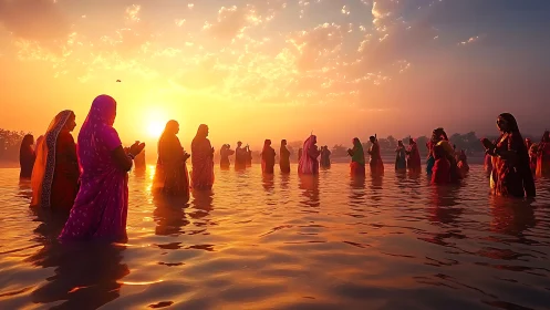 Sunrise bath paints praying women in liquid firelight