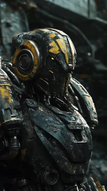 Weathered exoskeletal combat android with corroded armor plating.