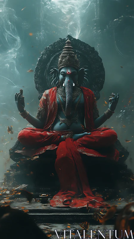 Majestic elephant-headed deity meditates in swirling embers