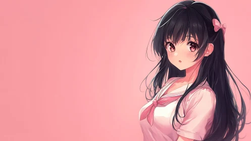 Anime portrait on pastel pink ground, soft cel-shaded rendering.