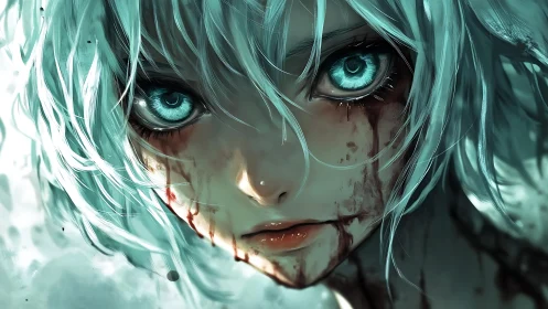 Ice-bright eyes burn through bloodstained silence and mist