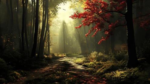 Autumn's Secret Path Through the Misty Forest.