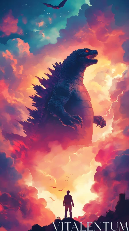 Giant reptilian monster towers above lone human silhouette