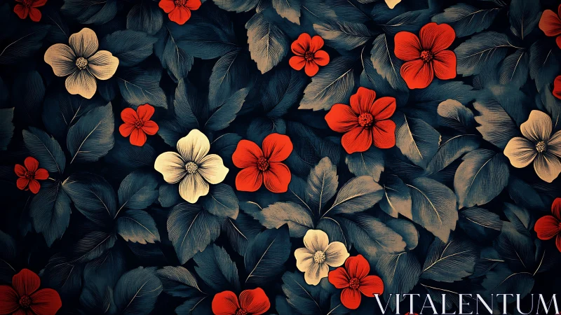 Floral arrangement with red and cream blooms against dark foliage background