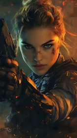 Fierce futuristic heroine holding her ground with steady focus.