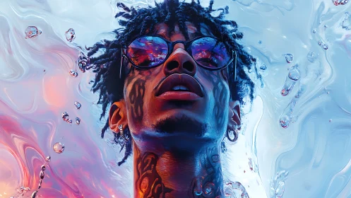 Portrait of tattooed man in liquid abstract light field.