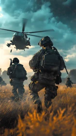 Soldiers advance toward helicopter under cinematic sunset light.