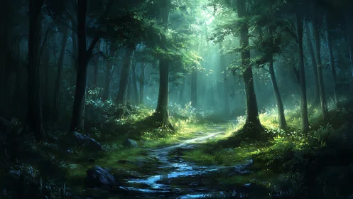 Enchanted Forest Path Glowing with Ethereal Light