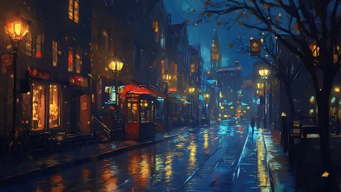 Rainy night city street with glowing shopfronts and lights.
