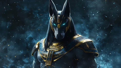 Ancient jackal guardian stands proud in glowing cosmic armor