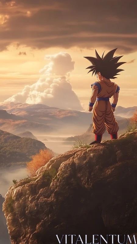 Anime warrior overlooks vast valley under glowing sunset sky