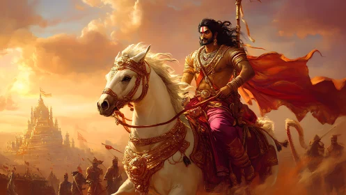 Warrior king on white steed in radiant mythic battlefield.