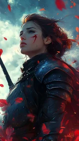 Armored warrior gazes skyward amid swirling crimson petals