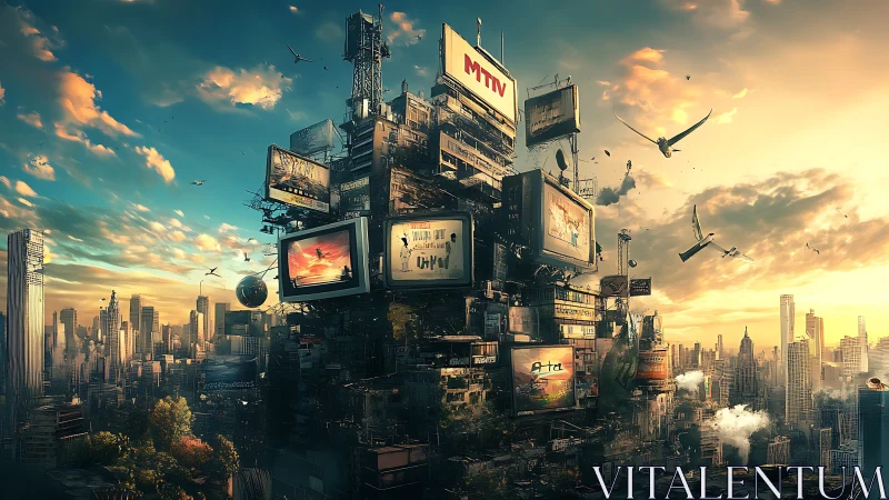 Vertical city of screens rises above dense futuristic skyline