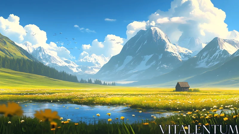 Sunlit alpine meadow and lake below towering peaks.