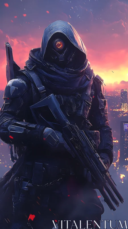 Midnight cybernetic guardian watches over a burning skyline