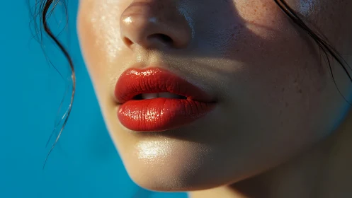 Close view of glossy red lips under directional sunlight.