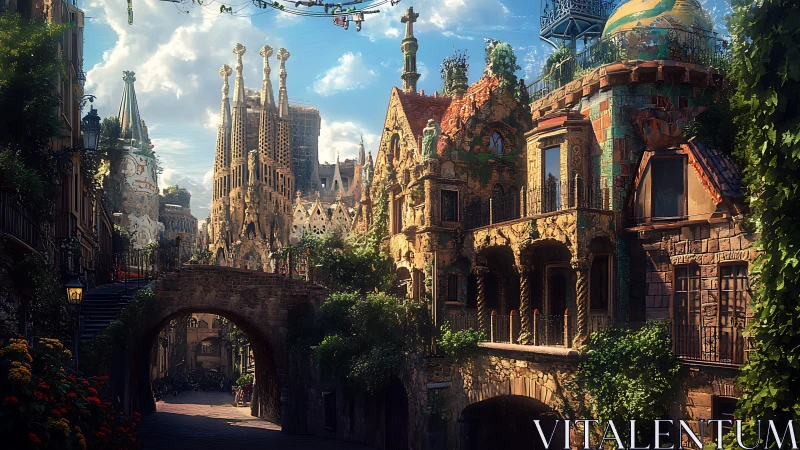 Sunlit Gaud&iacute;-inspired streetscape integrates organic masonry arches