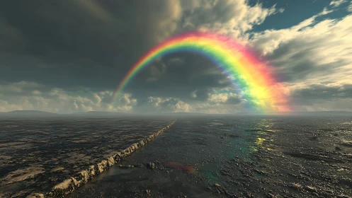 Iridescent rainbow arch over stormy reflective seascape.