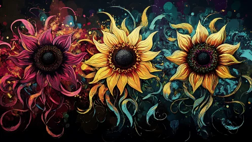 Three stunning sunflowers dance with vibrant color and swirling energy