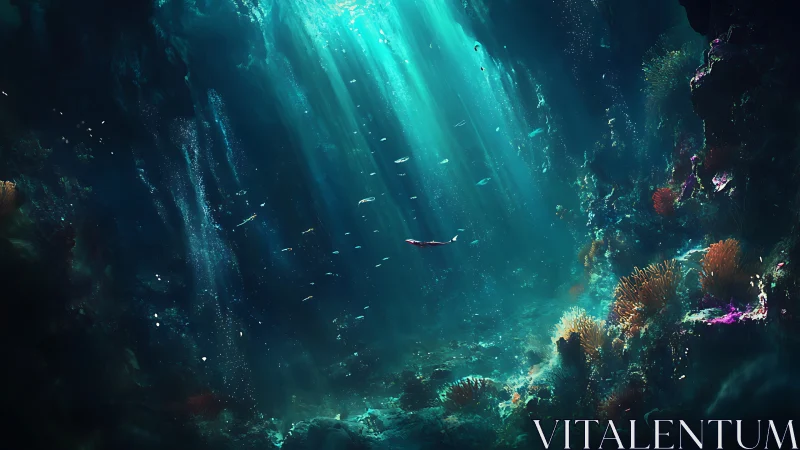 Submerged seascape shows volumetric light over coral reef