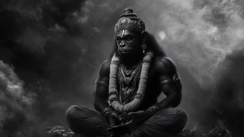 Majestic gorilla deity rests in calm, swirling shadow mist