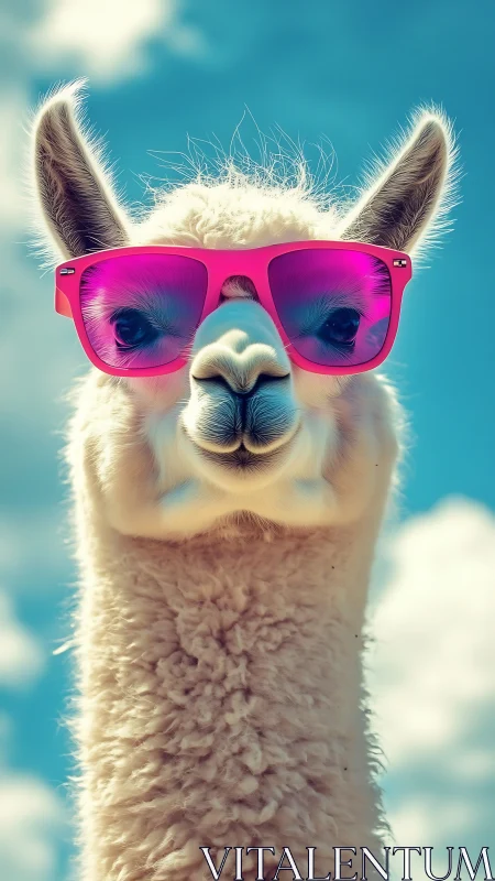 White alpaca wears bright pink sunglasses under blue sky
