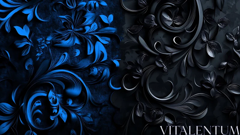 Bifurcated blue-black ornamental scrollwork surface study.