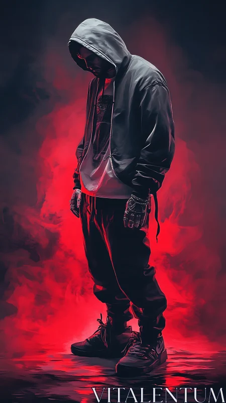 Hooded streetwear figure in red atmospheric lighting.