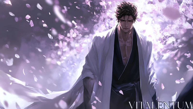 Stoic swordsman in flowing robe amid drifting petals.