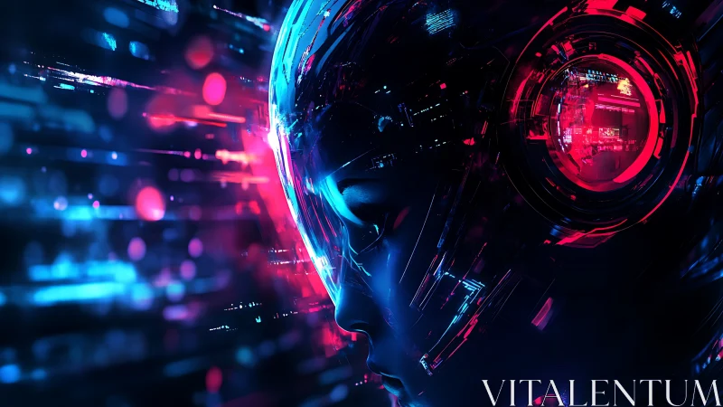 Neon lit cybernetic portrait celebrates calm digital focus