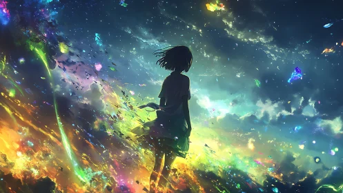 Solitary girl gazes into a swirling cosmic aurora sky