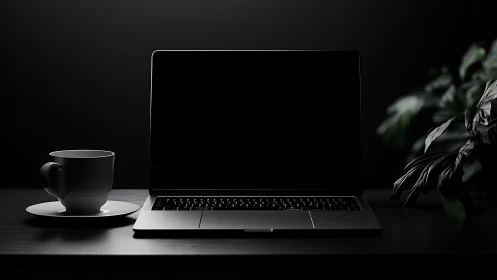Minimalist laptop workstation in low key cinematic lighting