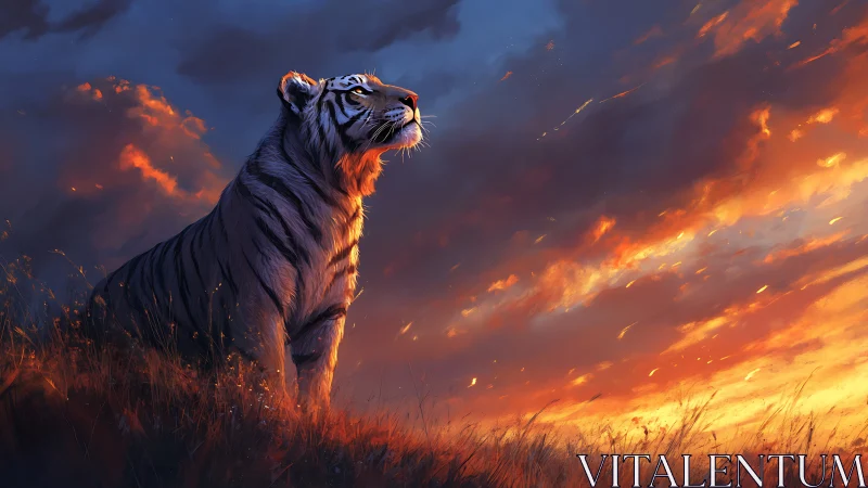 Radiant tiger silhouette against spectrally charged sunset sky.