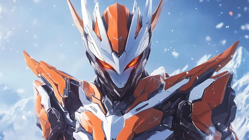 Icebound ember mech gazes over blinding snowfields.