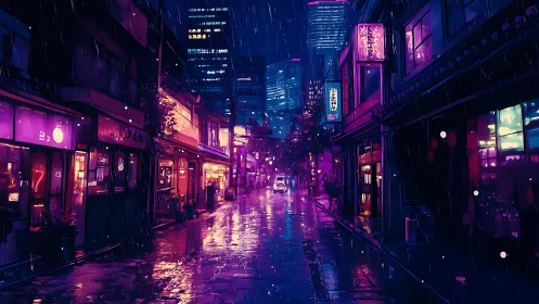 Neon city street glows softly in the rainwashed night