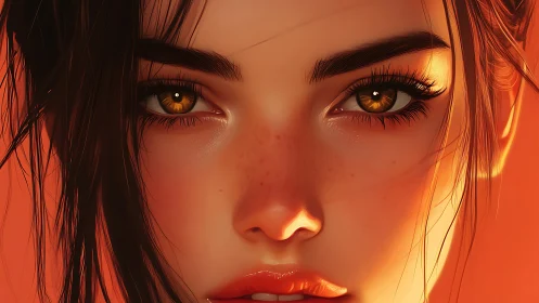 Hyperreal close-up portrait of freckled woman with amber eyes