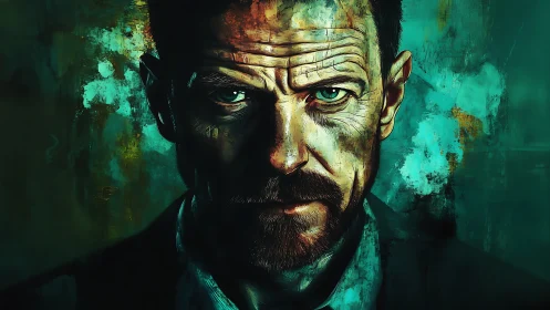 Intense male portrait painted with teal and amber contrasts