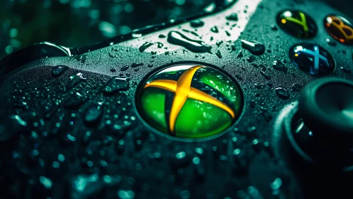 Xbox controller closeup with water droplets on surface.