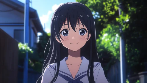Anime schoolgirl with long dark hair in outdoor setting.