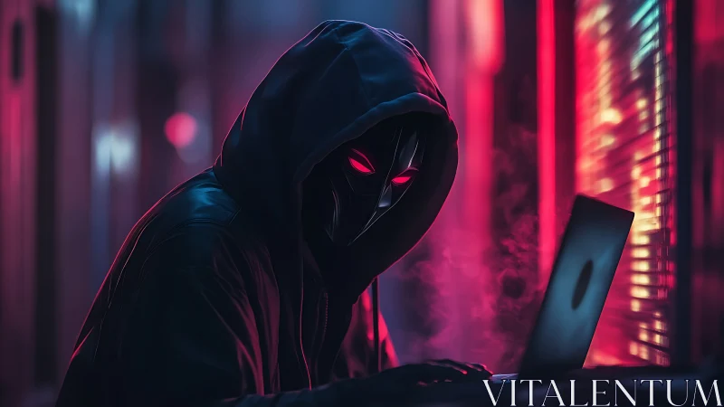 Hooded masked figure using laptop in neon corridor at night.