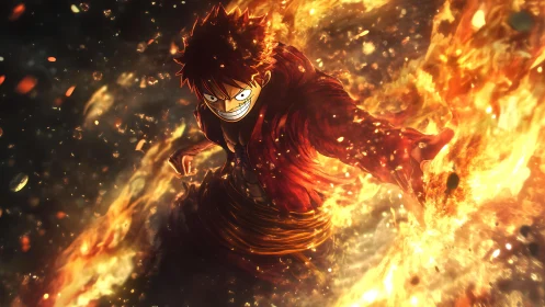 Fiery anime fighter unleashes blazing power burst.