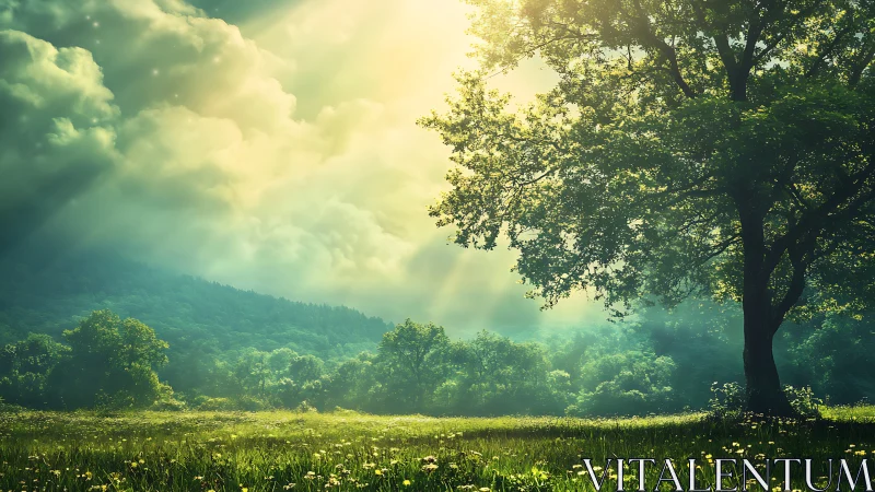 Sunlit meadow and oak rendered in atmospheric digital realism