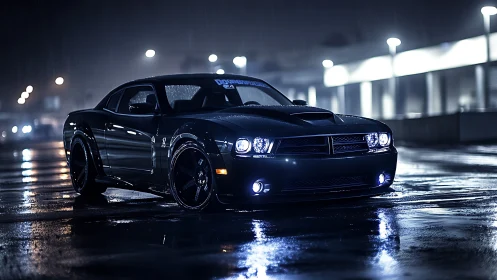 Midnight muscle car on wet urban street, cinematic rain lighting.