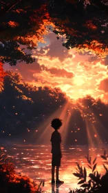 Boy watches blazing sunset over mirrored forest lake.