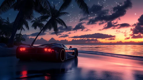 Supercar glows beside neon sunset tropical shoreline.