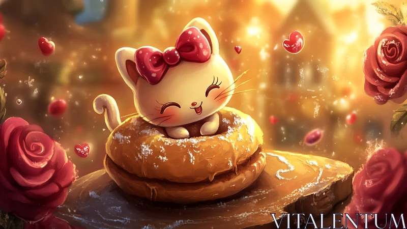 Luminous Cat Mascot Nested in Caramel Donut Surrounded by Rose Garden.